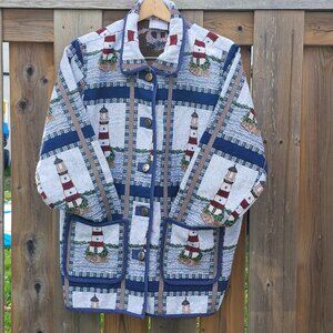 ADORABLE BLAIR Lighthouse Tapestry Blazer Women's Size L Costal Navy Nautical